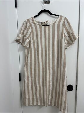 first monday striped beige linen blend dress tie back & ruffle sleeve size small